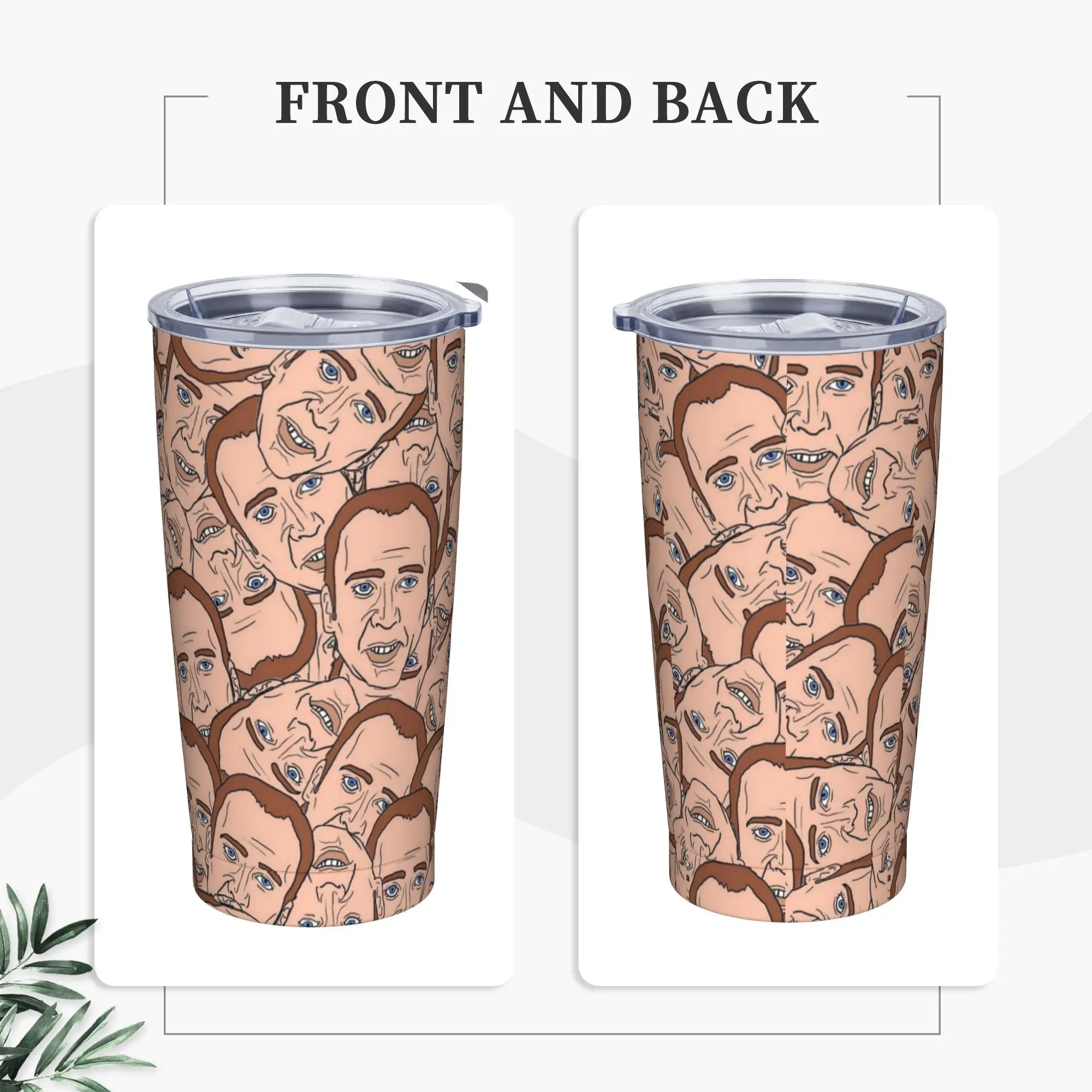 Nicolas Cage Face  Insulated Tumbler with Straws Cage Face Collage Stainless Steel Thermal Mug Office Home Bottle Cup, 20oz