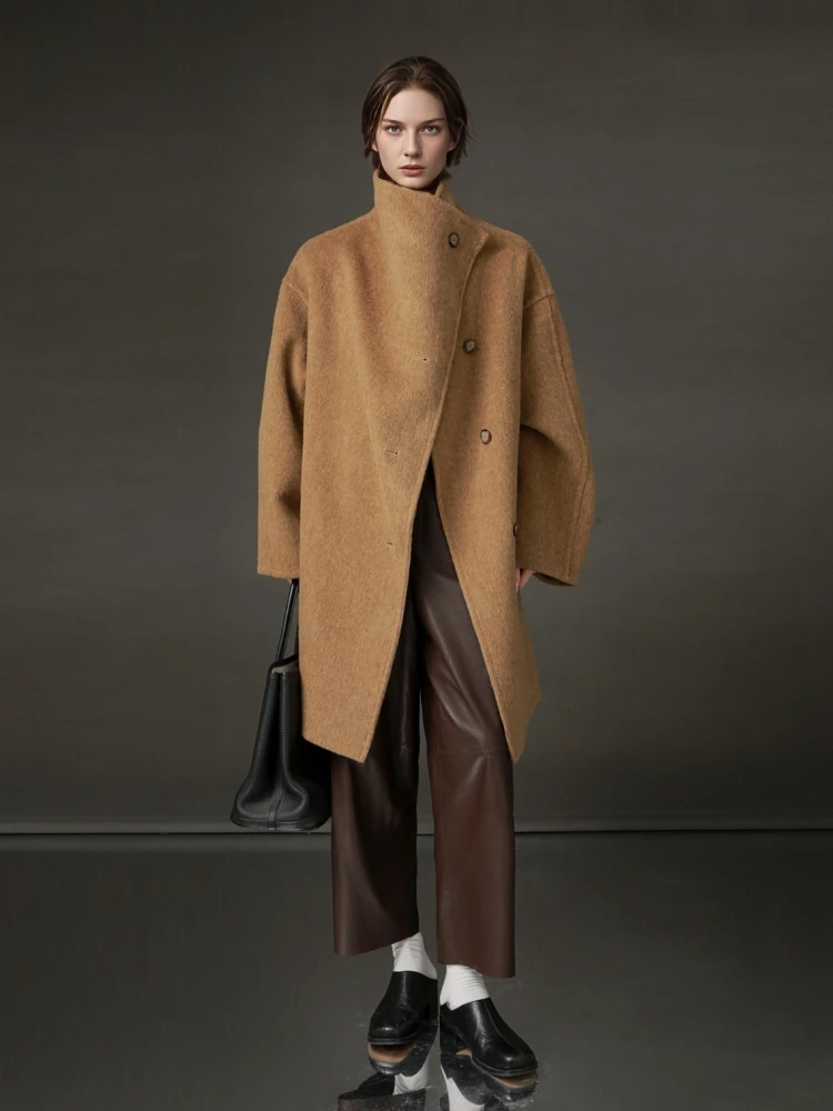 Stand Collar Design Lady's Short Woolen Jackets 2025 Autumn And Winter Mid-Length Single Breasted Loose Warm Women's Wool Coats