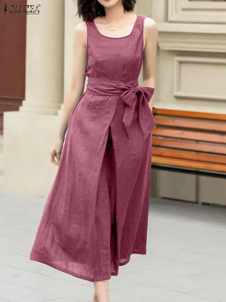 Fashion Long Shirt Dress ZANZEA Women Sleeveless Maxi Sundress Square Collar Solid Belted Pleated Party Elegant Vestido Oversize