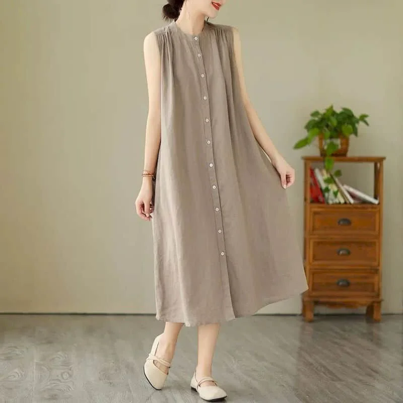 فستان من القطن والكتان للنساء بدون أكمام كاجوال فضفاض صيفي ملابس الشارع على الطراز الكوري فستان عتيق بطول الساق