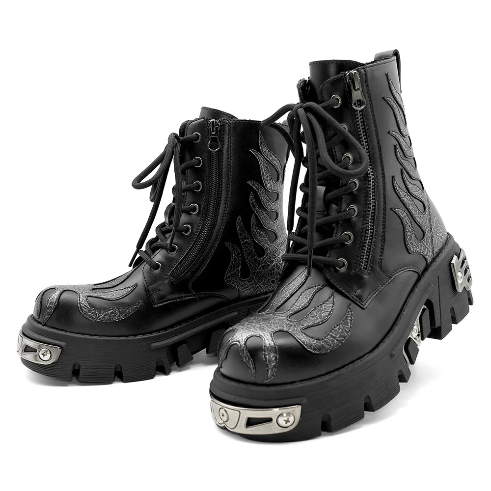 Autumn Winter Flame Thick Sole Punk Platform Tank Bottom Height Increasing Unisex High Top Boots Custom Casual Shoes