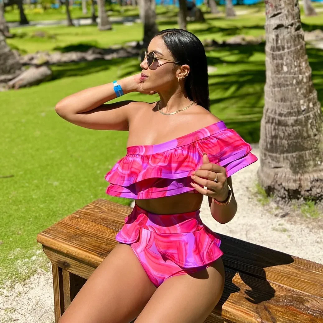 

Купальник на одно плечо с рюшами, 2022, сексуальные бикини высокого качества, женские купальники с принтом, бразильское бикини с высокой талией, пляжная одежда для плавания