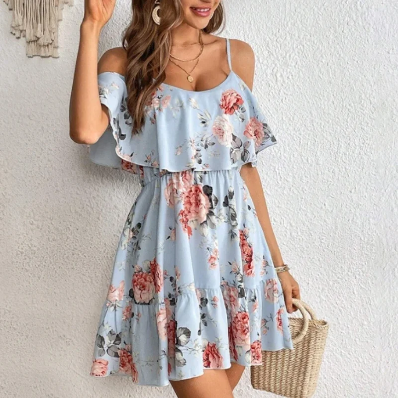Women Bohemian Suspender Mini Dress Floral Printed Double Flounce Romantic Vacation Dress Off Shoulder Beachwear Skirt