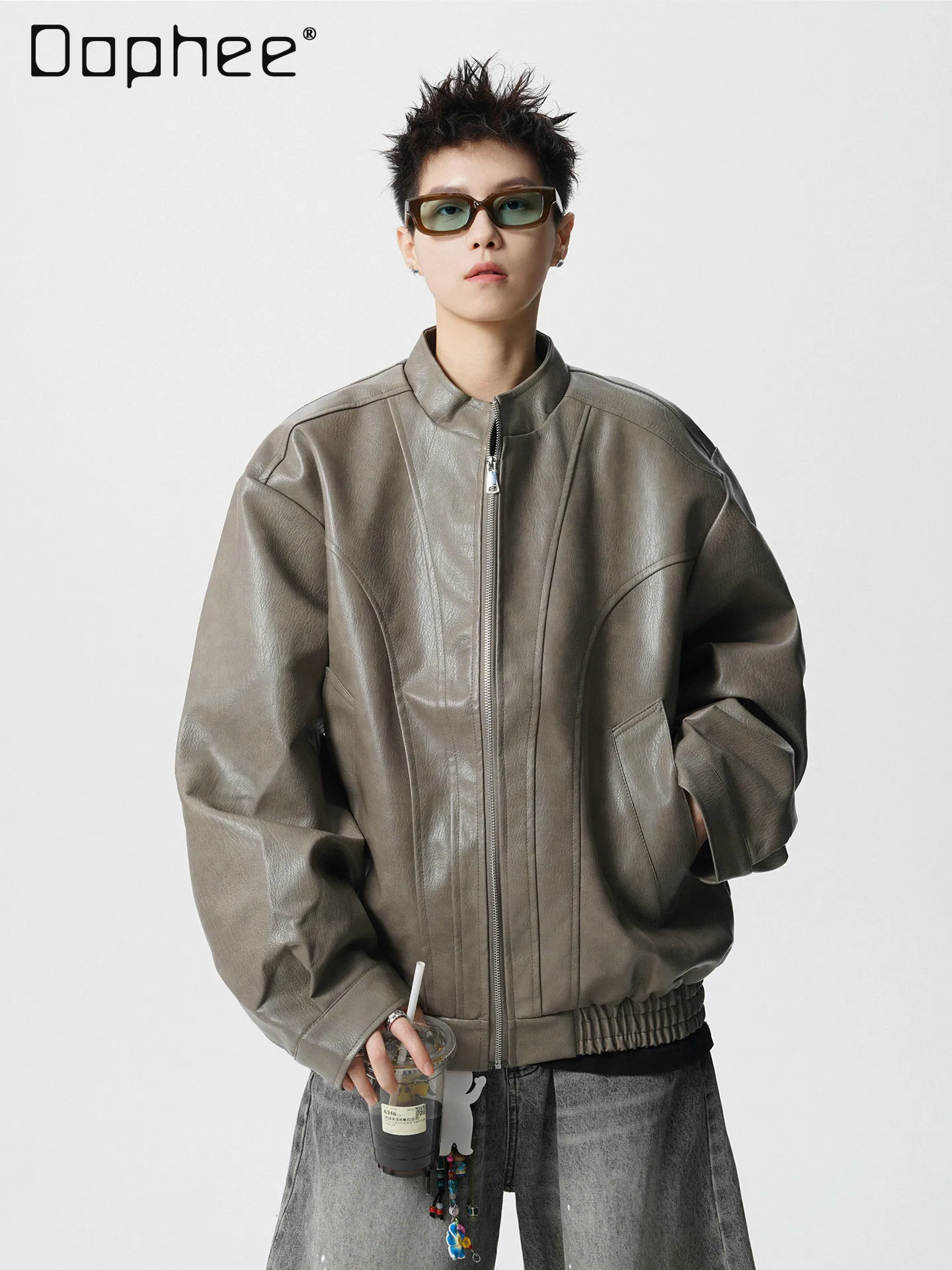 

Spring Autumn American Street Retro Biker Style Men's Black Gray Loose-fitting Versatile Casual Deconstructed PU Leather Jacket