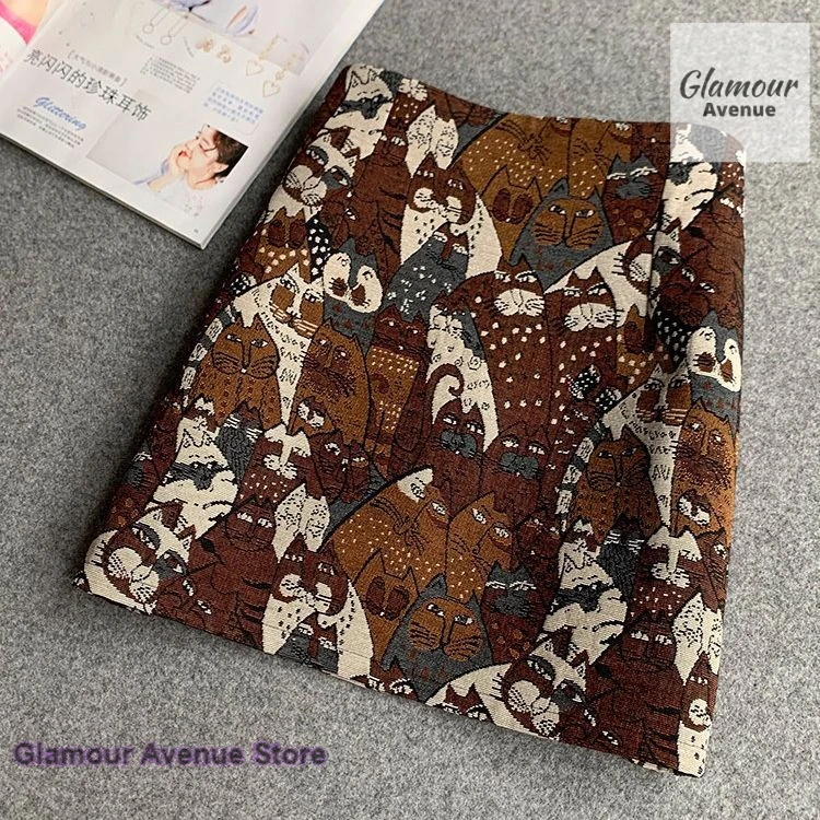 French-style high waist slim Jacquard elastic A-line cat skirt female spring and autumn new fashion short skirt A-line skirt