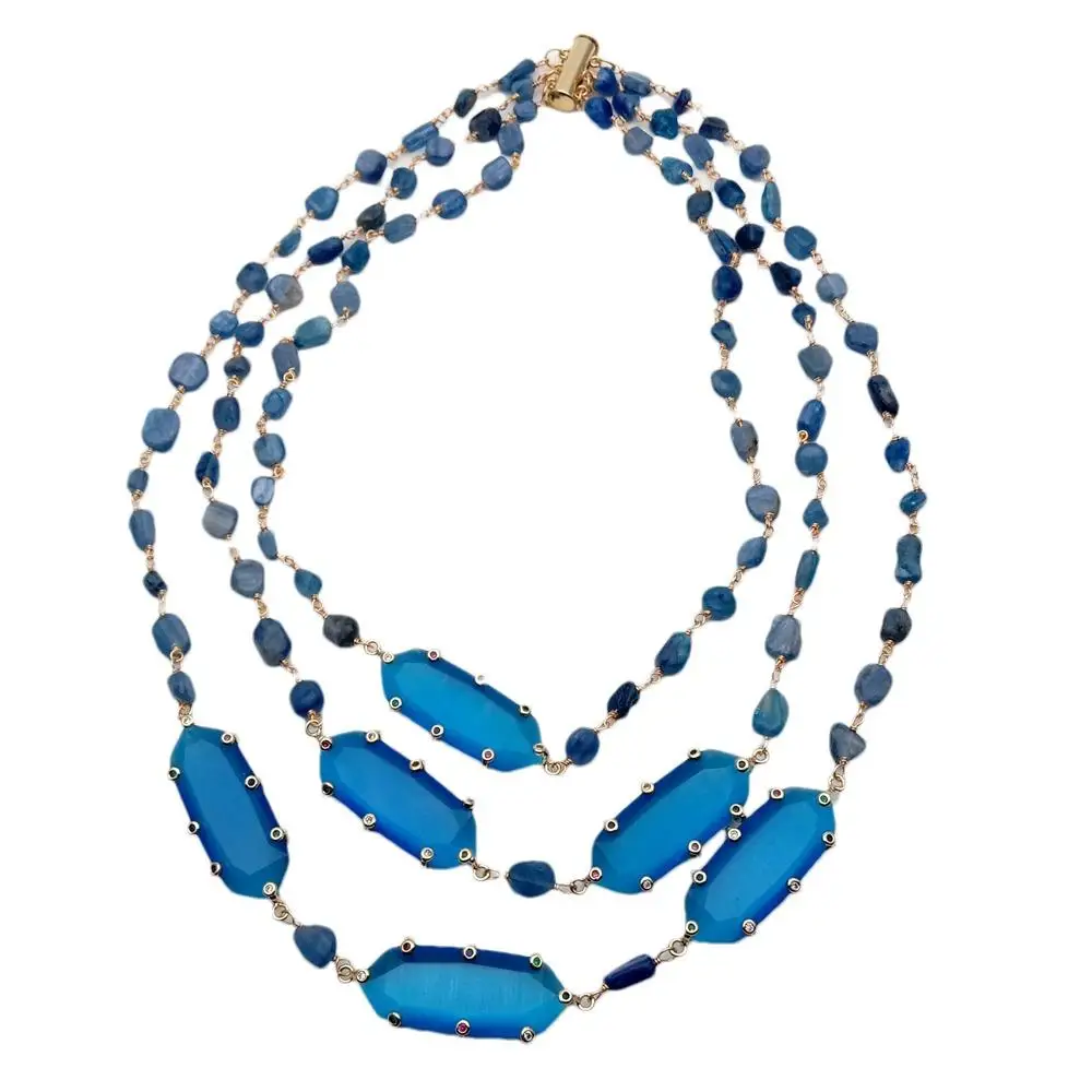 YYGEM 3 Rows Natural 7x9mm Blue Kyanite small nugget Rosary Chain 14x40mm Blue Cat Eye Cz Set Jade Necklace