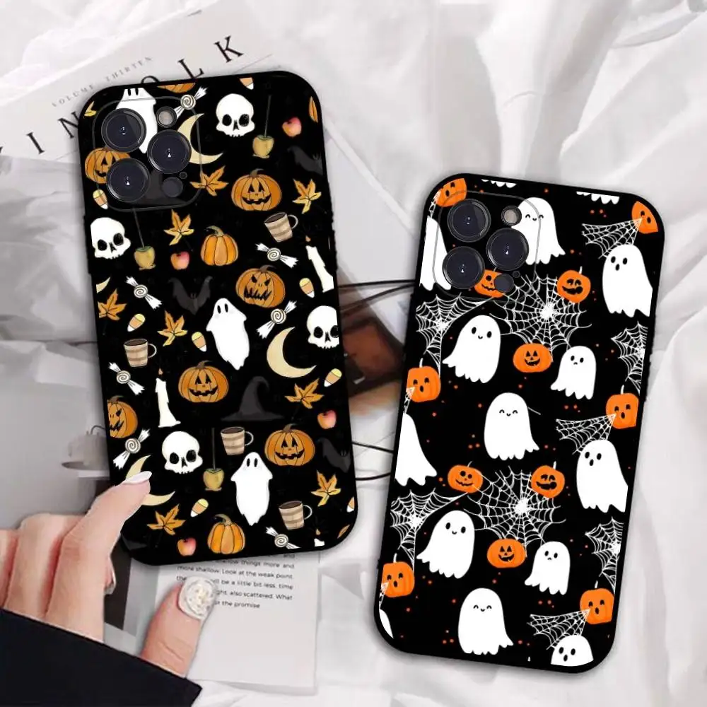 

Halloween Pumpkin Ghost Phone Case for iPhone 16 Pro Max 15 17 Plus 14 13 12 Mini 11 Black Cover