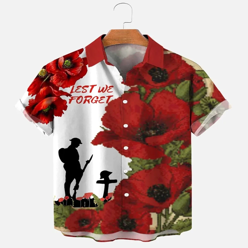 Poppy Remembrance Day Print Hawaiian Shirt 3D Printed Hawaiian Shirt for Men and Women Casual Shirt Unisex