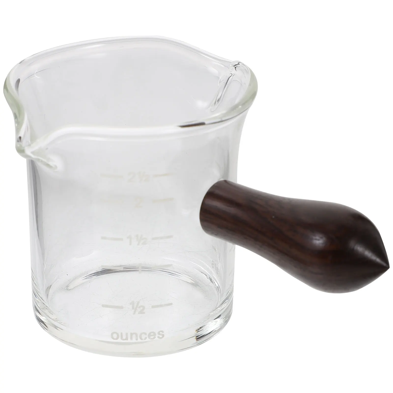 

Double Spouts Glass Pitcher Wooden Handle Coffee Milk Dispenser Measuring Cup Home Restaurant Use Heat-Resistant Creamer Pitcher