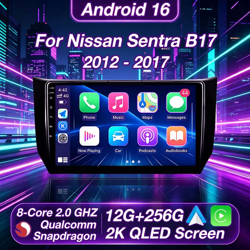 Radio para Auto Android 16 para Nissan Sentra B17 2012-2017, Reproductor Multimedia GPS, Unidad Principal Navi, Estéreo, Carplay Inalámbrico, Auto QLED, BT