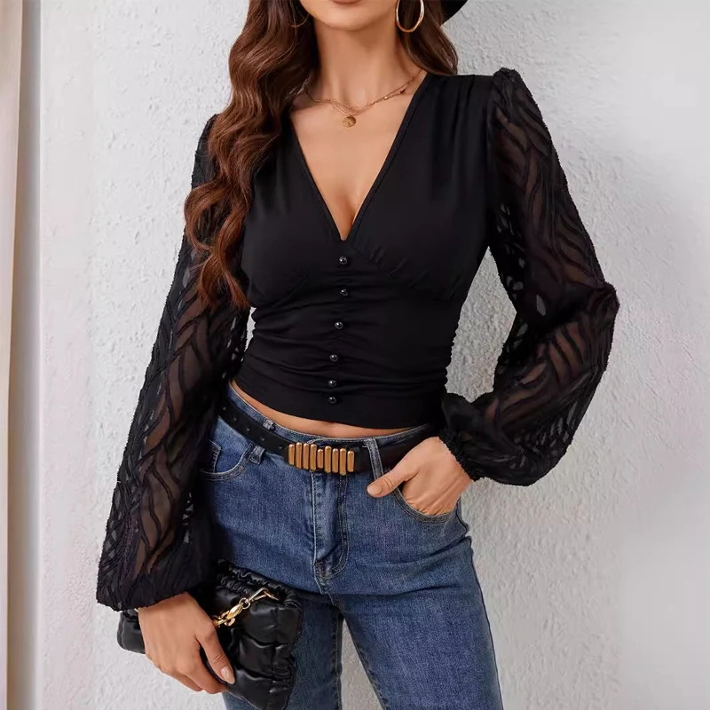 Blusa corta de malla de manga larga con cuello en V para mujer, Camisa corta informal de encaje de Color sólido elegante, Top ajustado para fiesta 2026