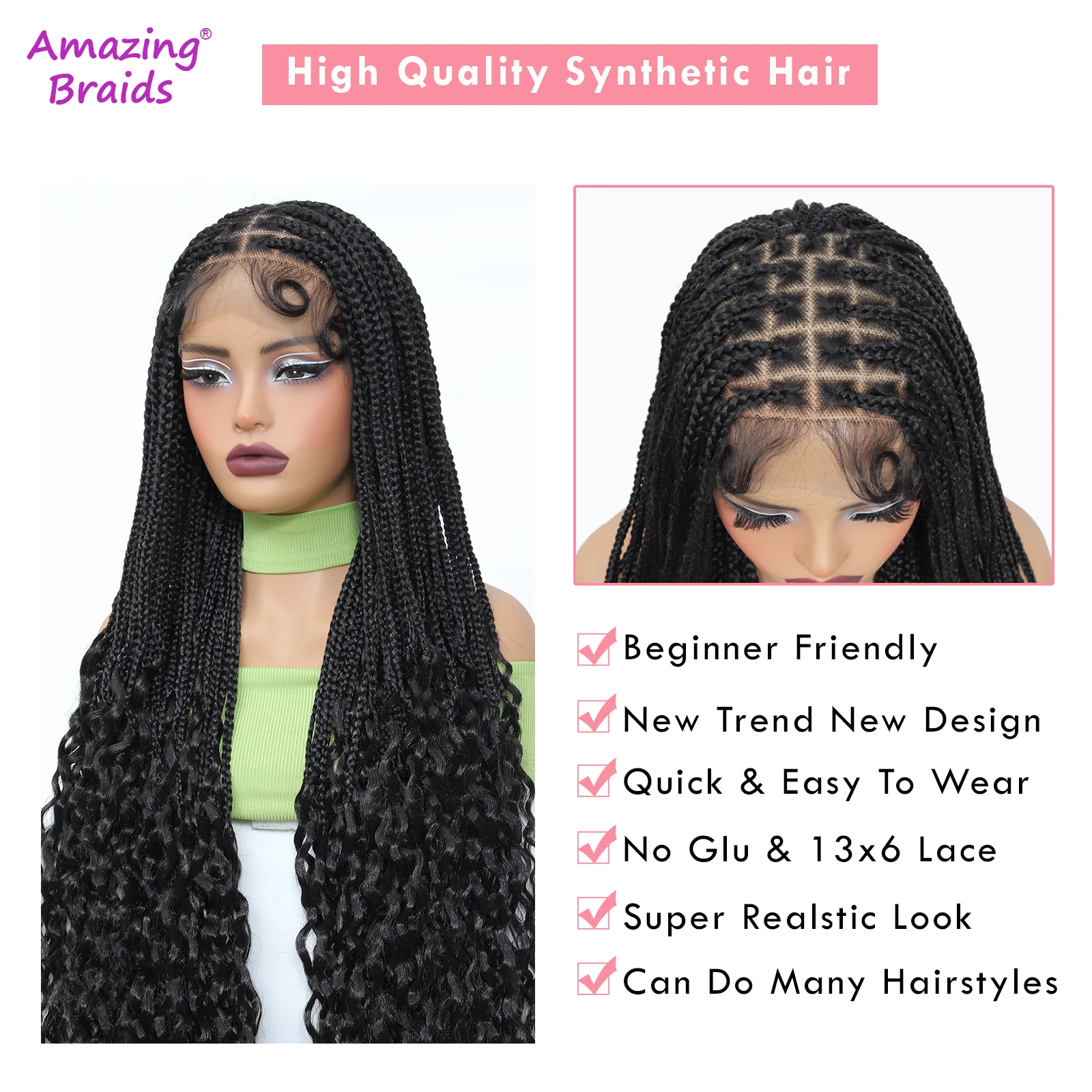 38Inch Full Lace Knotless Braided Wigs Synthetic Box Braid Wig with Curly Ends for Women Lace Frontal Brais Wigs with Baby Hair