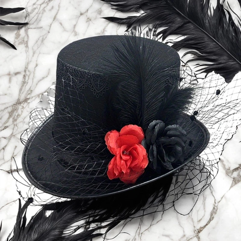 

Cosplay Costume Bowler Caps with Flower Magicians Hat for All Age Halloween Party Role Play Gentleman Hat Club Headwear