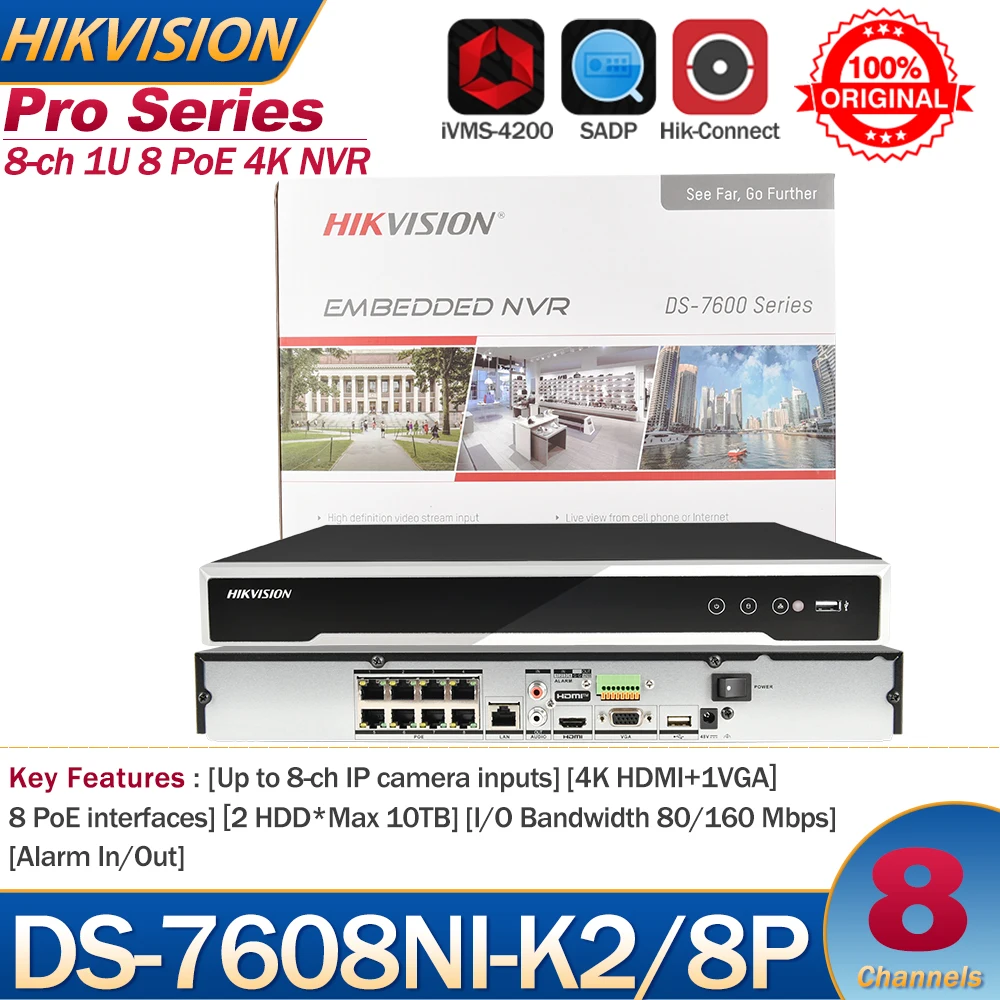 Hikvision Original NVR 8-ch 1U DS-7608NI-K2/8P 8 Port PoE 2 SATA Plug & Play Network Video Recorder Support Third-party Cameras