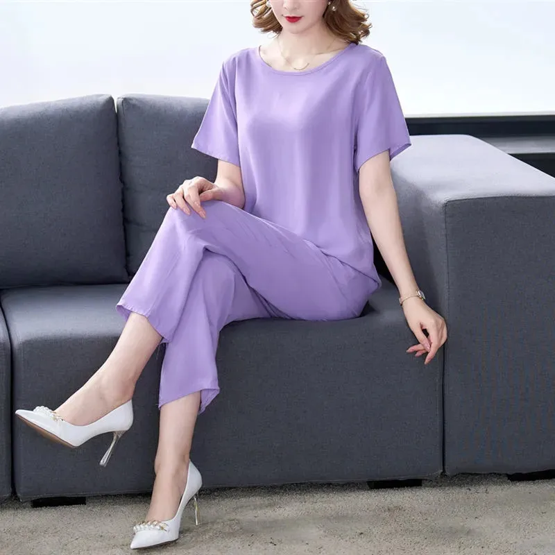 جديد عادية بلون قصيرة الأكمام الكاحل طول السراويل 2 قطعة مجموعة منتصف العمر الأم الزي القطن الحرير دعوى الصيف المرأة مجموعات #6