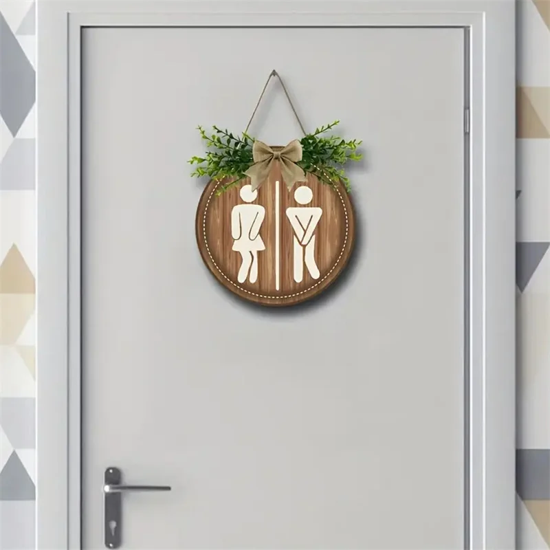ريفي إكليل خشبي علامة جدار ديكور لوحة مستديرة علامات باب الغسيل معلقة علامة الحمام للجنسين المرحاض ديكور مضحك #5