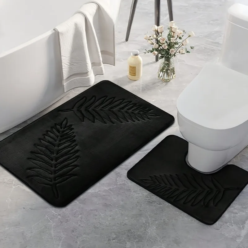 2pcs Fern Leaf Embossed Memory Foam Bath Mat Non-Slip Absorbent Floor Rug for Bathroom Toilet Home Soft Shower Carpet