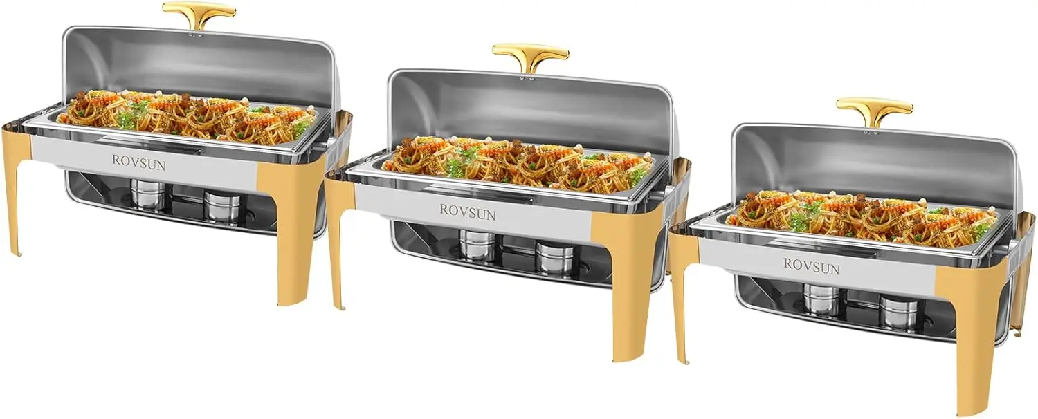 

Rovsun 9 Quart 3 Packs Roll Top Chafing Dish Buffet Set Gold Accent,Stainless Steel Rectangular Chafer For Catering,Food Warmer