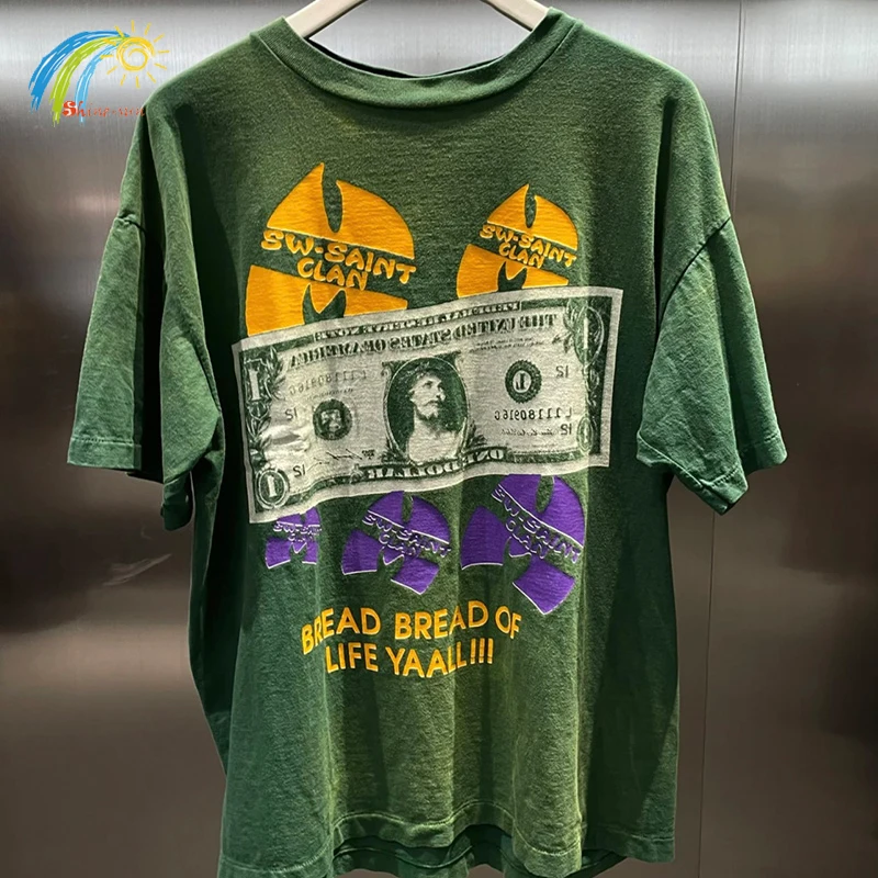 24SS New Style Banknote Printing Saint T Shirt Men Women 100% Cotton Oversized Green T-Shirt Casual Fashion Tee Tops