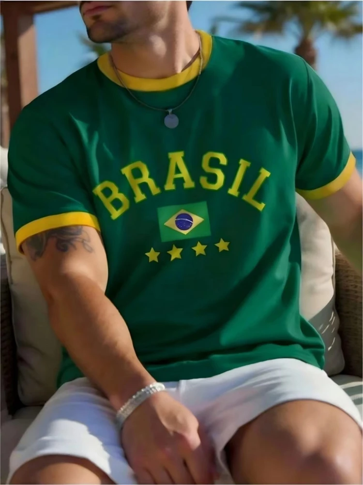 New Summer Collection Men's T-Shirt With 3D Brazilian Flag Print—Short-Sleeve Outdoor Sports T-Shirt Round-Neck Surf T-Shirt