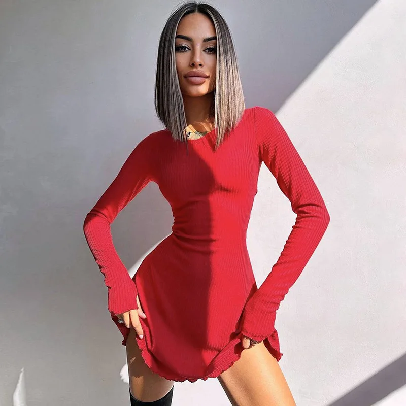 Women\'s 2024 Fall/Winter Fashion Simple Dress Long Sleeve Knitted Streetwear Slim Fit Short Mini Dress