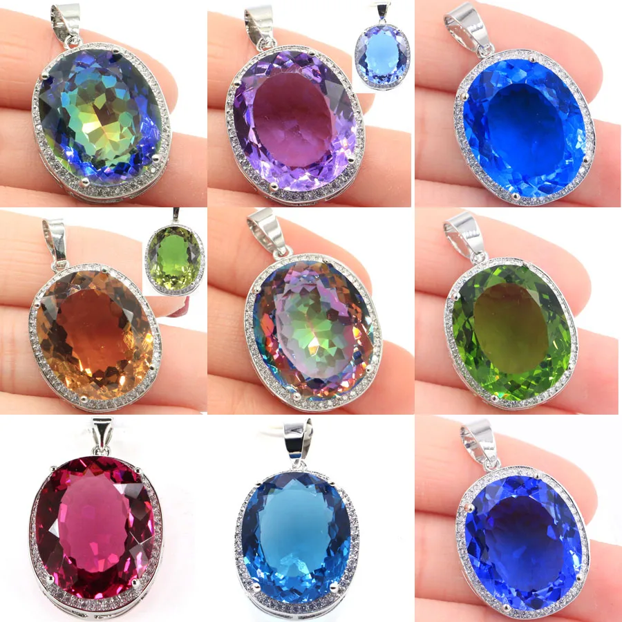 

Buy 4 Get 1 Free 34x21mm London Blue Topaz Violet Tanzanite Fire Rainbow Mystic Topaz Pink Kunzite Peridot CZ Silver Pendant