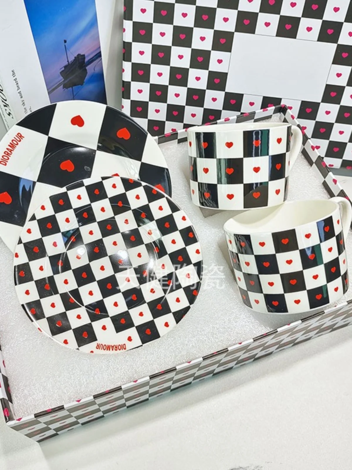 

Ceramic Chessboard Grid Mug Couple Girlfriends Couple Cups Creative Wedding and Birthday Gift European Plaid Brown Cup andSaucer