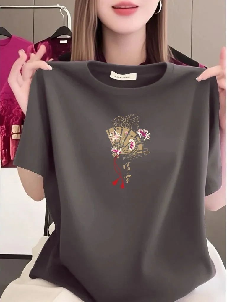 

Повседневная женская футболка с круглым вырезом и коротким рукавом, модная свободная летняя блузка с принтом, удобная, стандартного размера, из полиэстера.