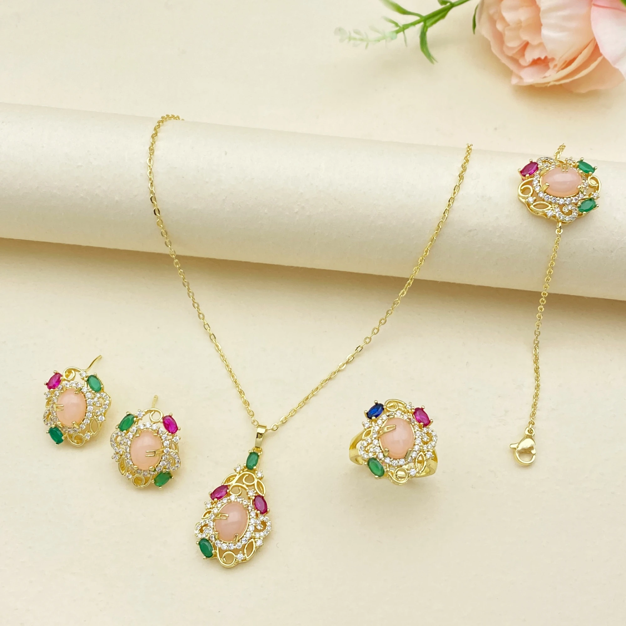 

Falair Daily Wear Minimalist Gold Plated Copper Zirconia Jewelry Set Bracelet Ring Earrings Necklace Set Light Jewelry