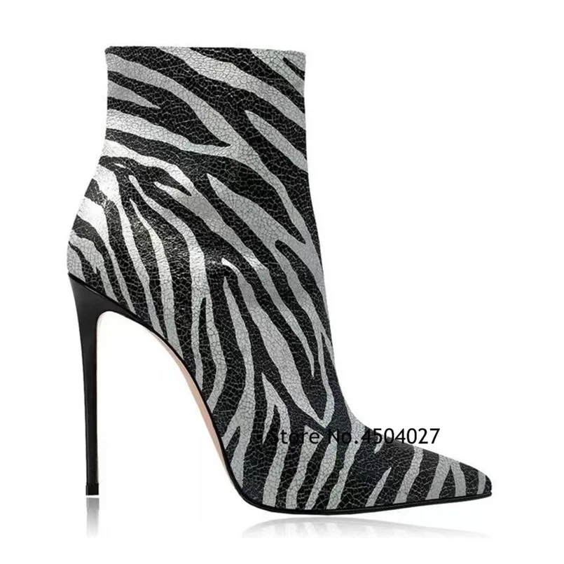 

Sexy Zebra Print Leather Autumn Ankle Boots Ladies Pointed Toe Stiletto High Heels Zipper Short Boots Woman 2024 Trend