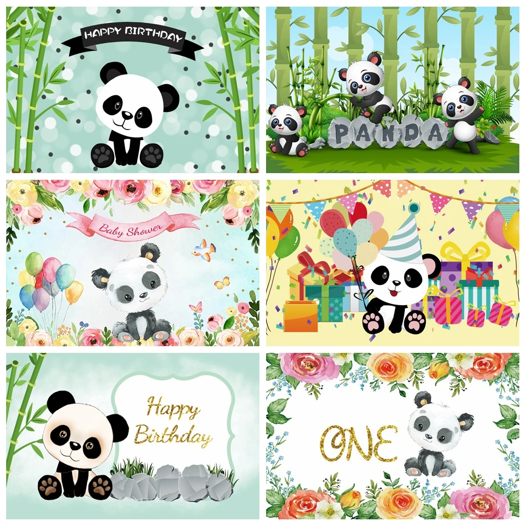 Laeacco Cartoon Panda Baby's Birthday Party Green Bamboo Customized Banner Poster Background Photographic Backdrop Photo Studio