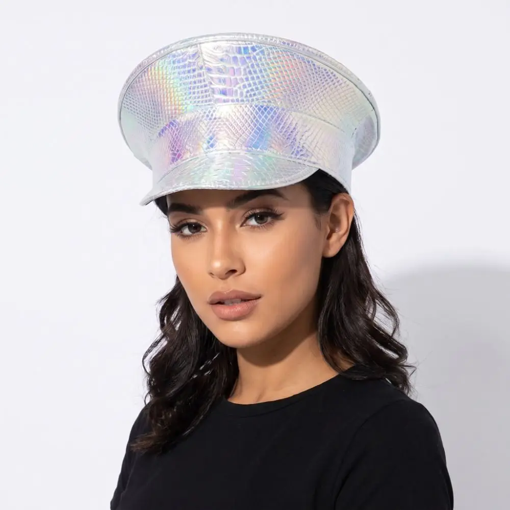 Unisex Design PU Leather Laser Hats Waterproof UV Protection Leather Beret Sunscreen Flat Caps Captain Cap Prom Performance Bar