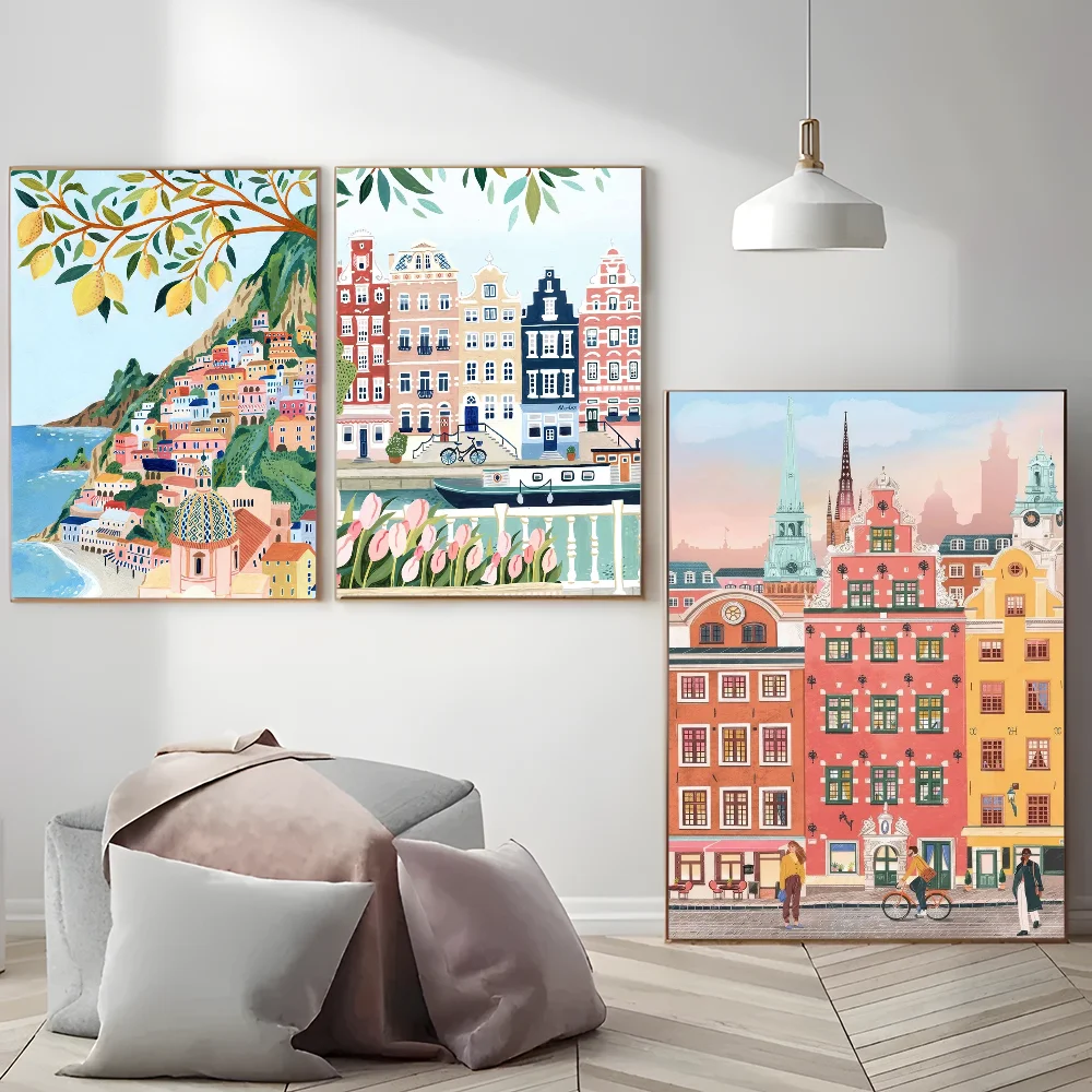 Landscape Nordic  Barcelona Santorini Positano  Poster Anime Posters Sticky Whitepaper Sticker DIY Room Bar