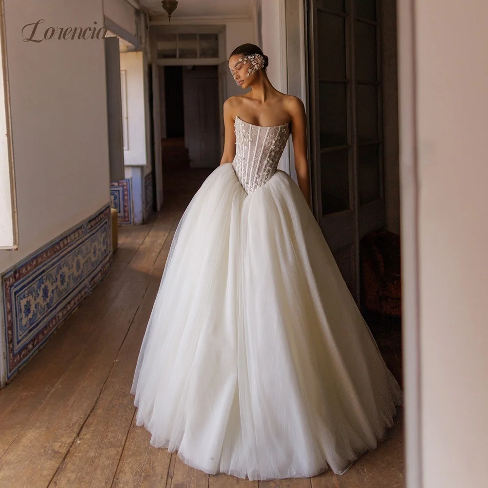 Lorencia Modern Pleated Tulle Ball Gown Wedding Dresses Strapless Boned Corset Basque Bride Dresses Customized Lace Up Back