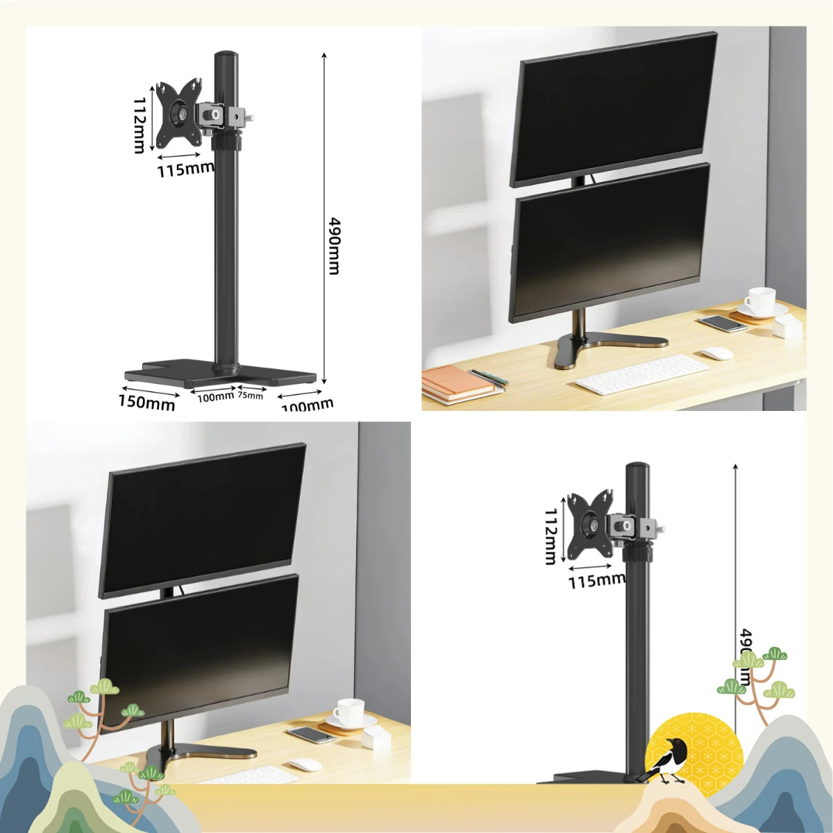 Upper and Lower Dual-screen Monitor Bracket, Computer Bracket, Desktop Desktop Base, Lifting and Rotating 14-32 Inches
