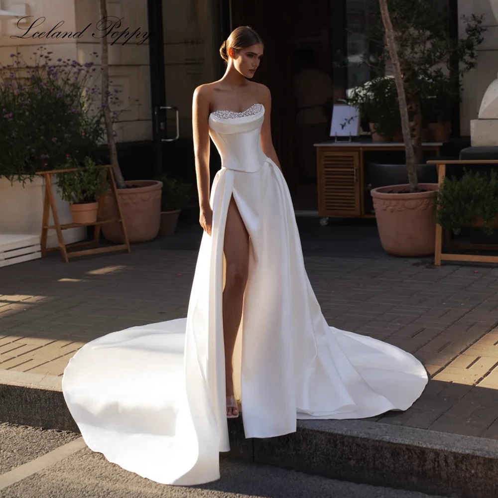 Lceland Poppy Customized Sexy A Line Strapless Satin Wedding Dresses Pearls Beaded Bridal Gowns with High Slit