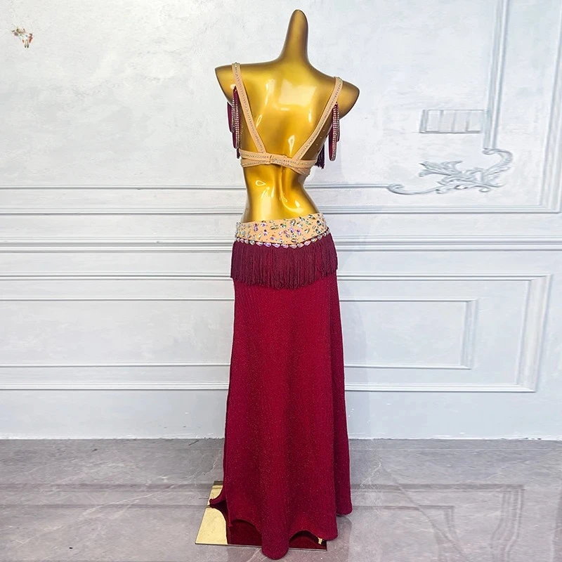 Vestido feminino luxuoso com franjas de strass, vestido adulto para competição de dança do ventre, elegante, traje de performance de dançarina do ventre