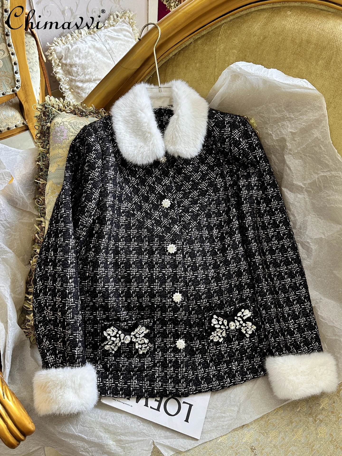 

Winter Clothes Women's Coat High-end Heavy Diamond Tweed Shiny Silk Fur Collar Jacket Fashion Long-sleeve Warm Elegant Top