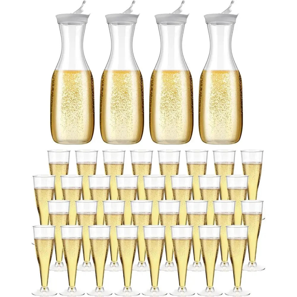 

Набор из 64 больших пластиковых графинов для воды объемом 50 унций с откидной крышкой, 60 прозрачных одноразовых пластиковых бокалов для шампанского объемом 4,5 унции для вечеринок