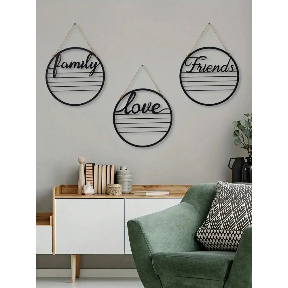 3-Piece Round Metal Wall Art, Friendship Love Family Sign Plaque for Living Room Bedroom, Modern Home Decor Gift