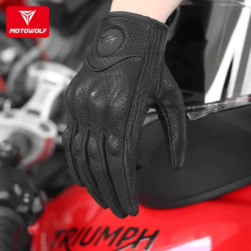 Motowolf Motorcycle Leather Breathable Gloves Black Motorcyclist Gloves Summer Men Riding Touch Screen Off-Road Racing Equipment