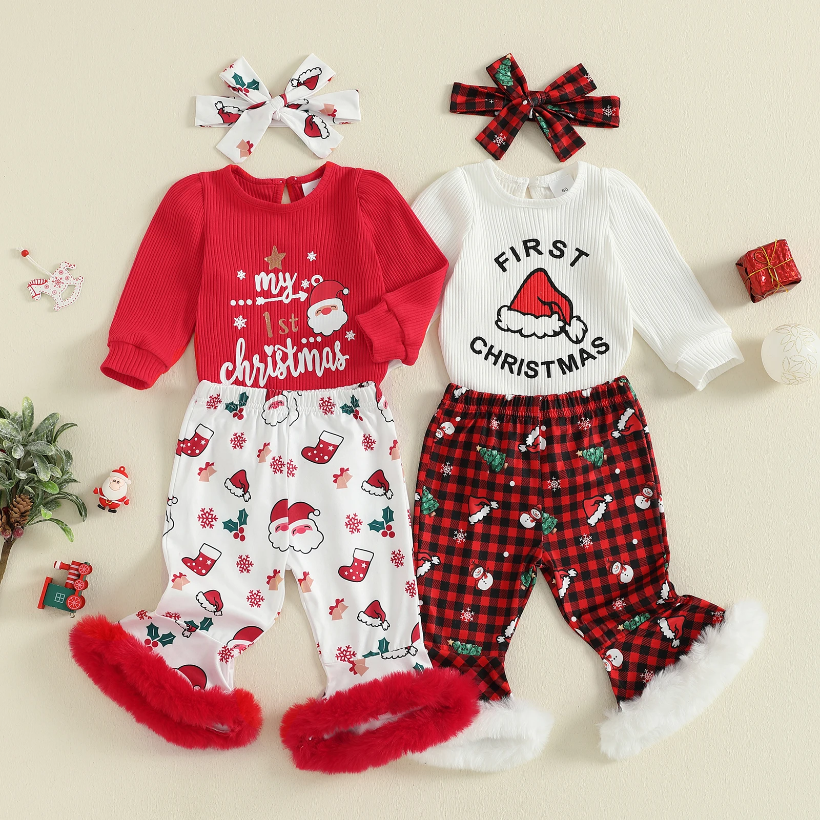 

Рождественские наряды для маленьких девочек, комбинезон с длинными рукавами и буквами, расклешенные брюки с узором Санта-Клауса и повязка на голову с бантом, комплект из 3 предметов