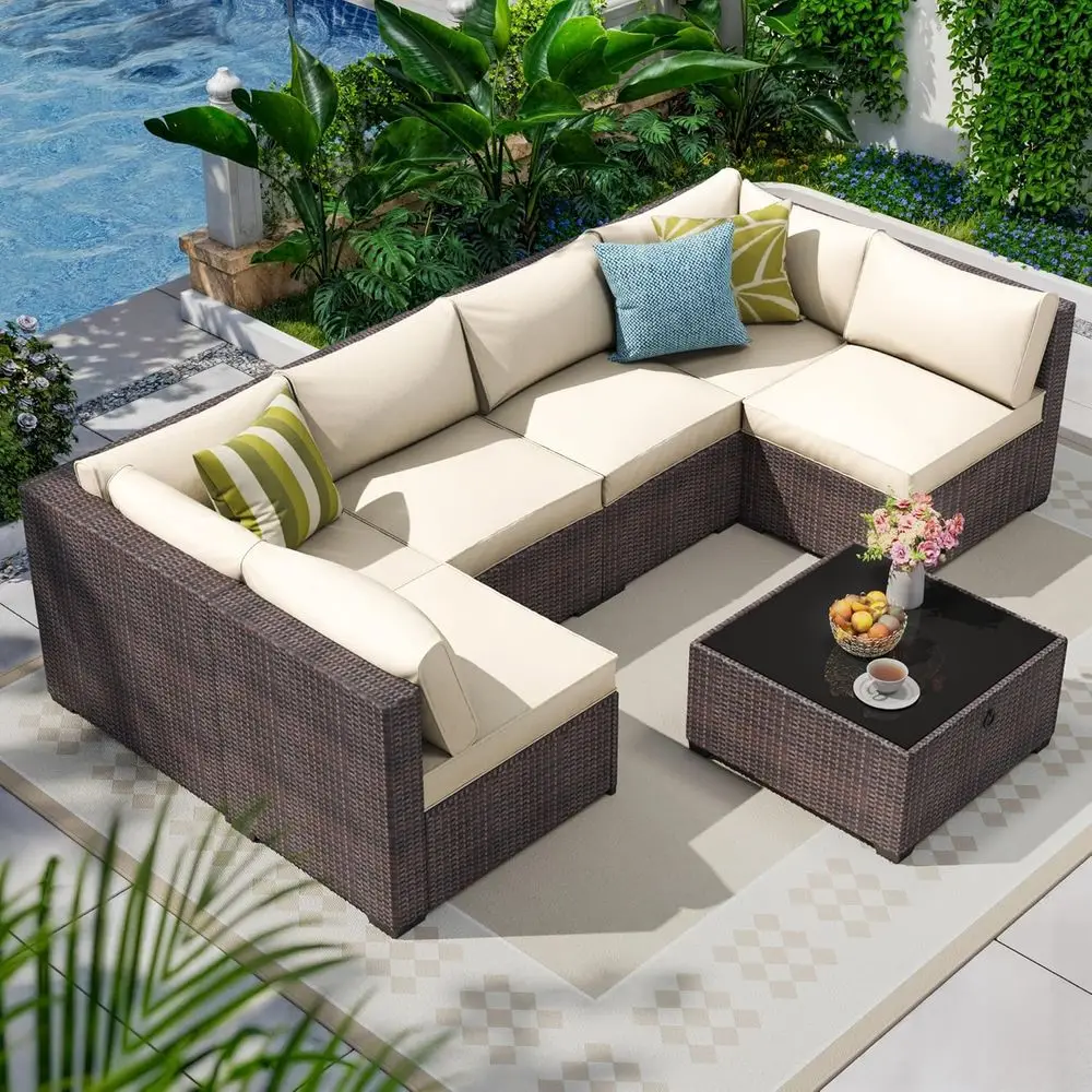 

7-Piece Outdoor Patio Sectional Set with Rattan Wicker, Water-Resistant Cushions & Coffee Table, Brown/Beige