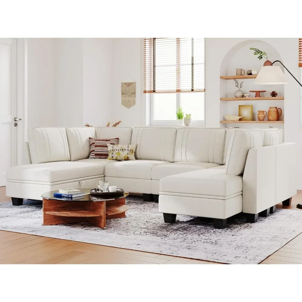 Velvet Cream Sectional Couch with Storage Ottoman U Shaped Sofa Sectional Couch Convertible U-Shape Couch Beige