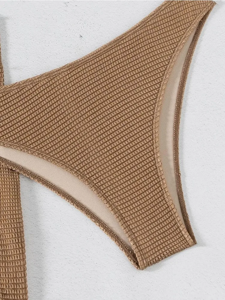 Damski 3-częściowy zestaw bikini, seksowny bandeau push-up, spódniczka z siateczki, kawa, metalowe ozdoby w kształcie kropli, strój kąpielowy plażowy, nowy tankini 2025