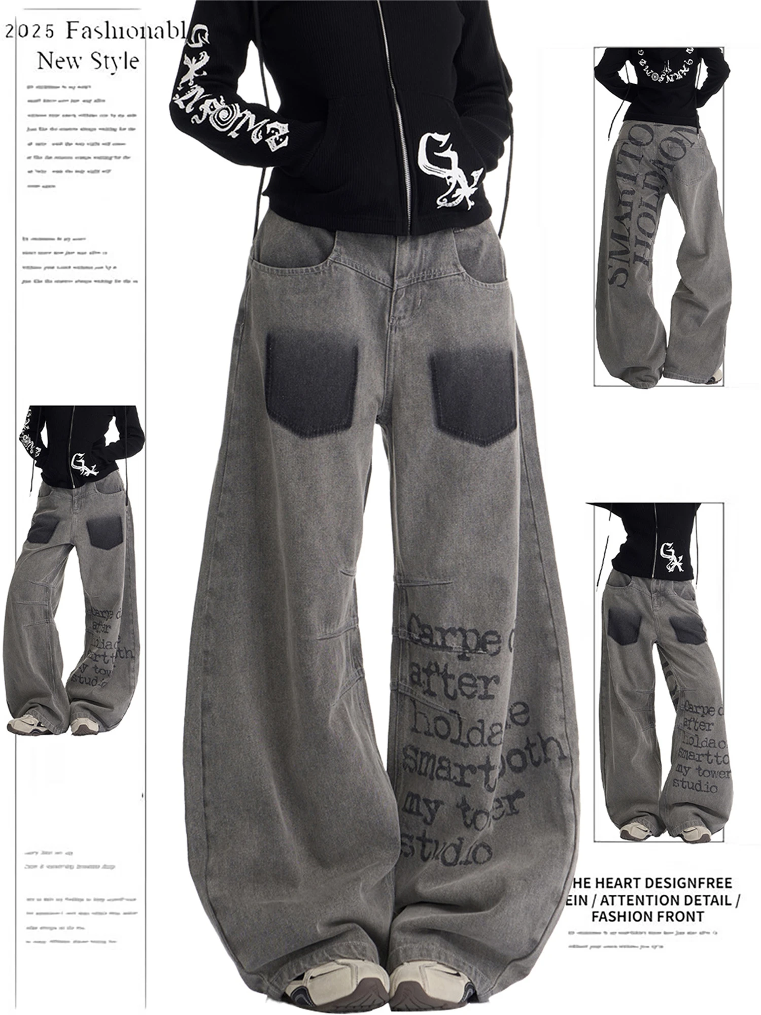 Women's Grey Washed Denim Wide Leg Jeans New Fashion Letter Print Contrast Pockets High Waist Y2K Casual Streetwear Trousers