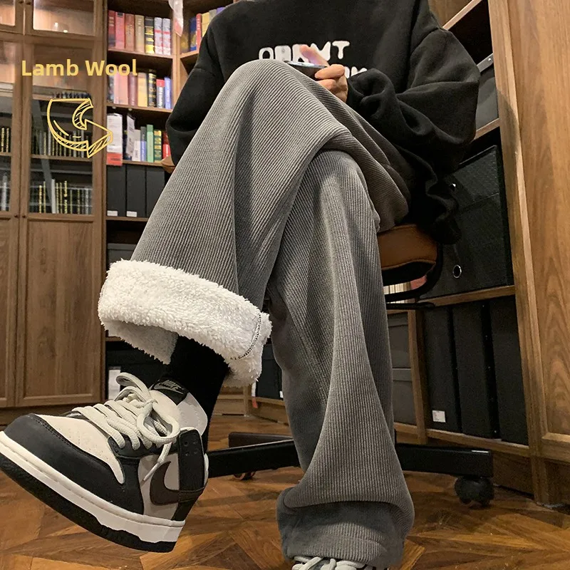 

Lamb Velvet Thiened Corduroy Wide Leg Casual Pants Men's Autumn Winter Warm Straight Cut Sweatpants Loose Fit Youth Faion
