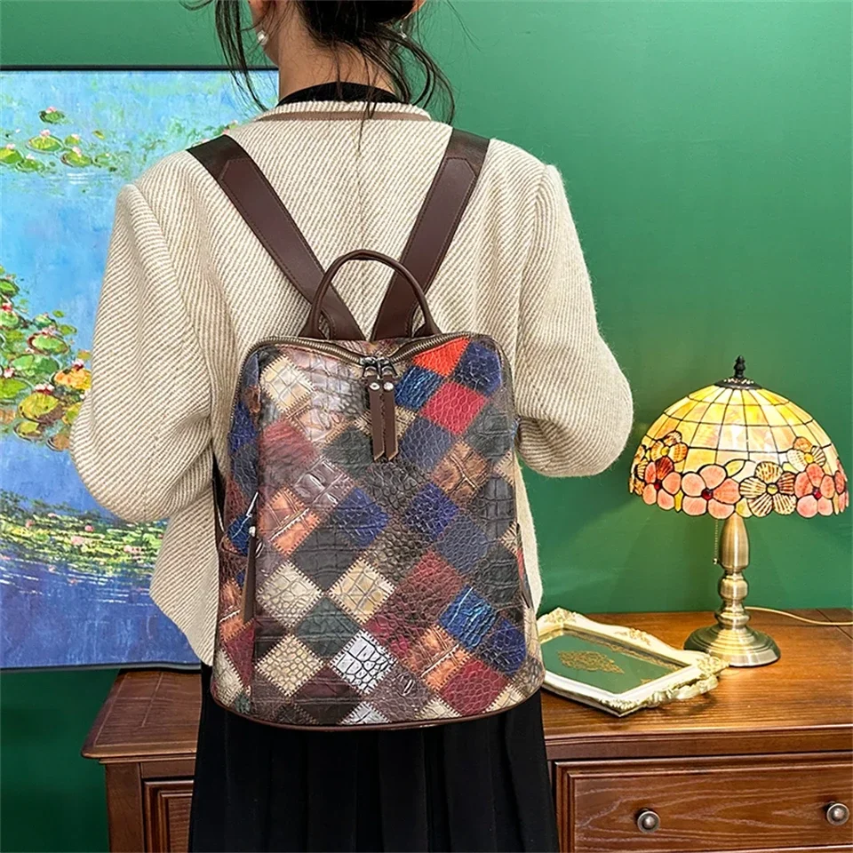 Patchwork Vintage Backpack Women Leather Rucksack Women\'s Knapsack Travel Backpacks School Bags for Teenage Girls Mochila