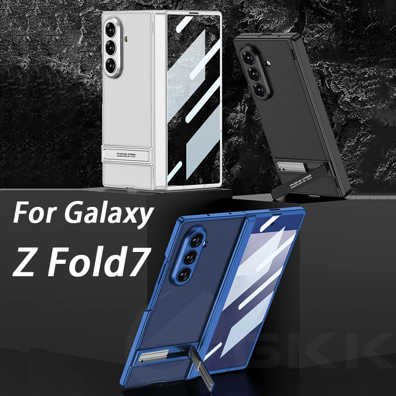 

Luxury Plain Leather Stand Case Magnetic Hinge Front Screen Glass Hard Cover For Galaxy Z Fold7 Case