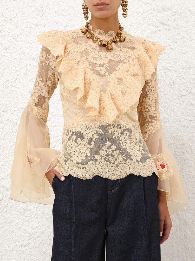 

Весенне-летняя модная элегантная блузка цвета шампань из натурального шелка высокого качества с оборками и кружевными рукавами для женщин